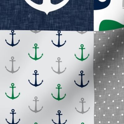 Nautical Patchwork - Sailboat, Anchor, Wheel, Whale - Navy and Green LAD19