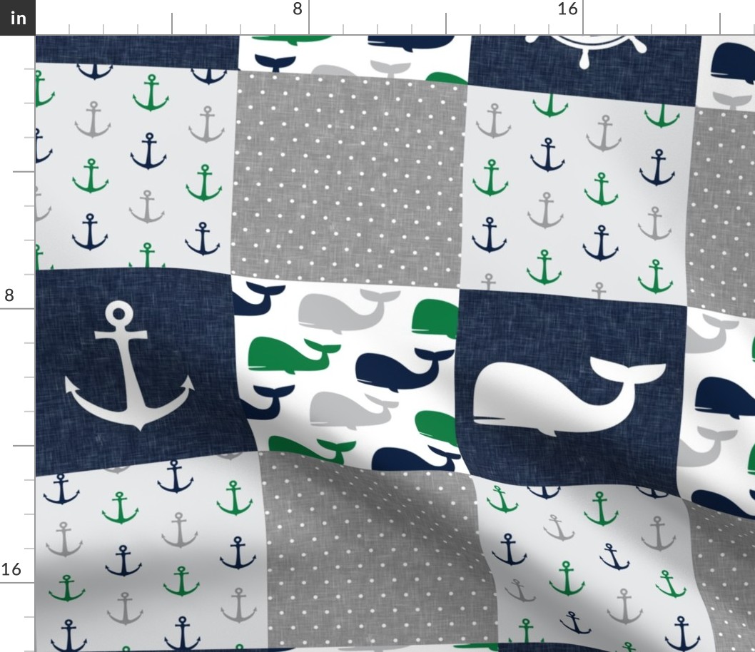 Nautical Patchwork - Sailboat, Anchor, Wheel, Whale - Navy and Green LAD19