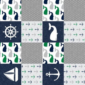 Nautical Patchwork - Sailboat, Anchor, Wheel, Whale - Navy and Green (90) LAD19