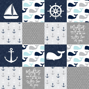 Nautical Patchwork - Mightier than the waves in the sea - Sailboat, Anchor, Wheel, Whale - Navy and Grey (90)  LAD19