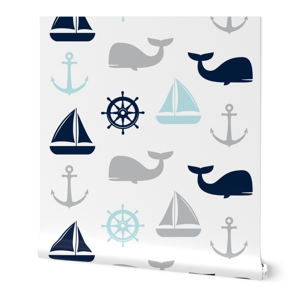 nautical in navy, blue & grey - whale, sailboat, anchor,  wheel LAD19