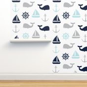 nautical in navy, blue & grey - whale, sailboat, anchor,  wheel LAD19