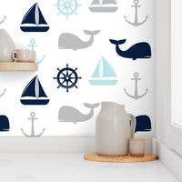 nautical in navy, blue & grey - whale, sailboat, anchor,  wheel LAD19