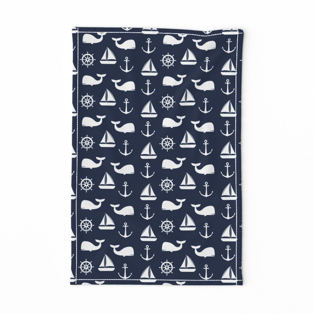 nautical on navy - whale, sailboat, anchor,  wheel LAD19