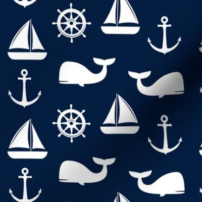 nautical on navy - whale, sailboat, anchor,  wheel LAD19
