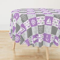 Nautical Patchwork - Mightier than the waves in the sea - Sailboat, Anchor, Wheel, Whale - Purple and Grey LAD19