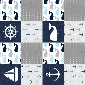 Nautical Patchwork - Sailboat, Anchor, Wheel, Whale - Navy and Grey (90)  LAD19
