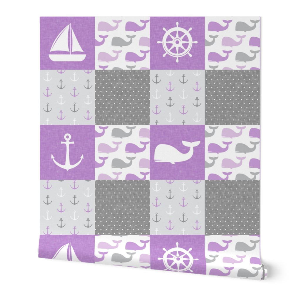 Nautical Patchwork -  Sailboat, Anchor, Wheel, Whale - Purple and Grey LAD19