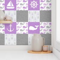 Nautical Patchwork -  Sailboat, Anchor, Wheel, Whale - Purple and Grey LAD19