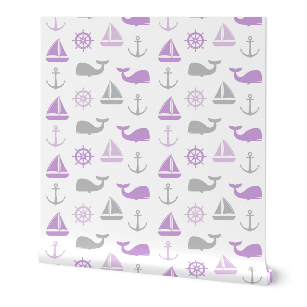 nautical in purple  & grey - whale, sailboat, anchor,  wheel LAD19