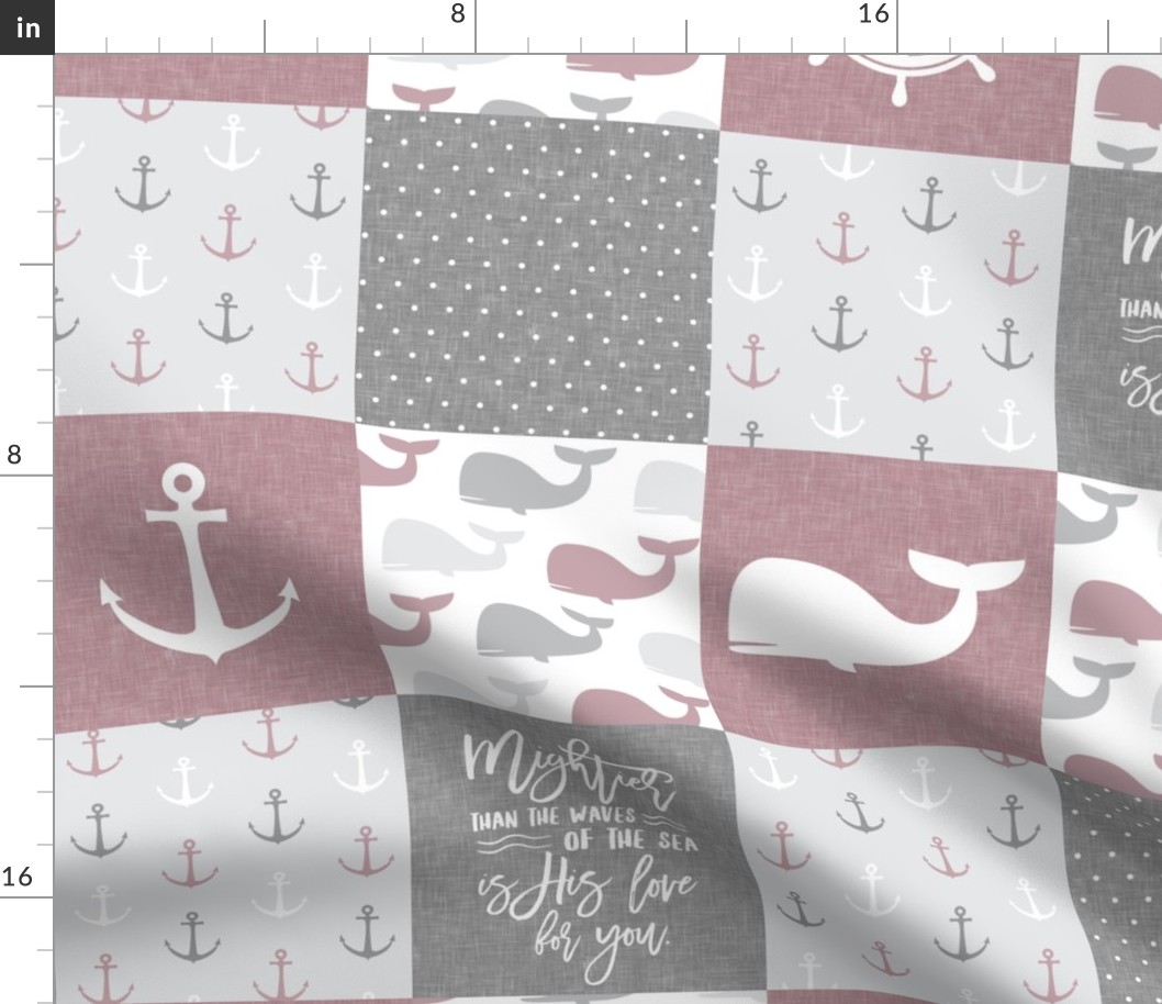 Nautical Patchwork - Mightier than the waves in the sea - Sailboat, Anchor, Wheel, Whale - mauve and grey  LAD19