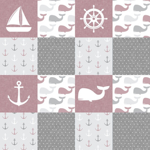 Nautical Patchwork - Sailboat, Anchor, Wheel, Whale - Mauve  and Grey  LAD19