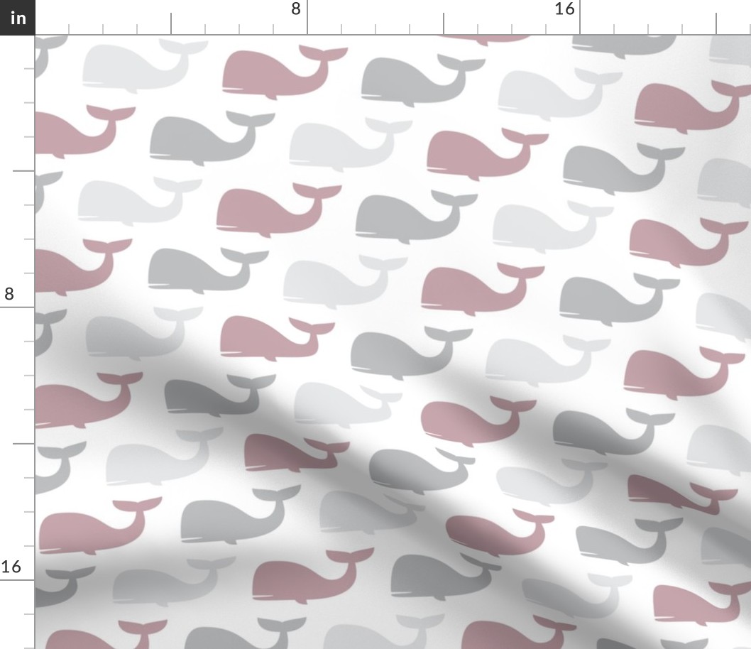whales - nautical fabric - mauve and grey 