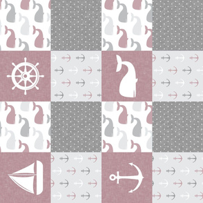 Nautical Patchwork - Sailboat, Anchor, Wheel, Whale - Mauve  and Grey (90)  LAD19