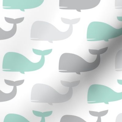 whales - nautical fabric - aqua and grey LAD19