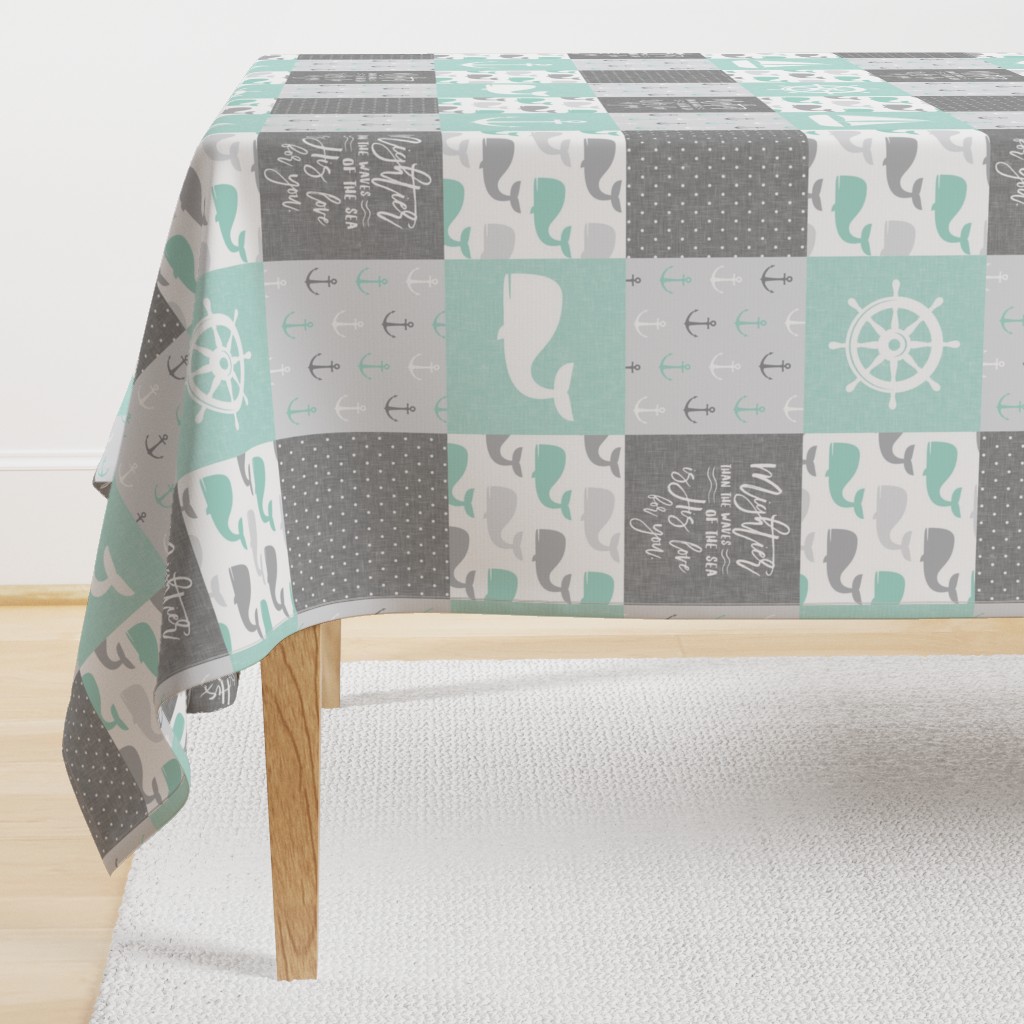 Nautical Patchwork - Mightier than the waves in the sea - Sailboat, Anchor, Wheel, Whale - Aqua and Grey LAD19