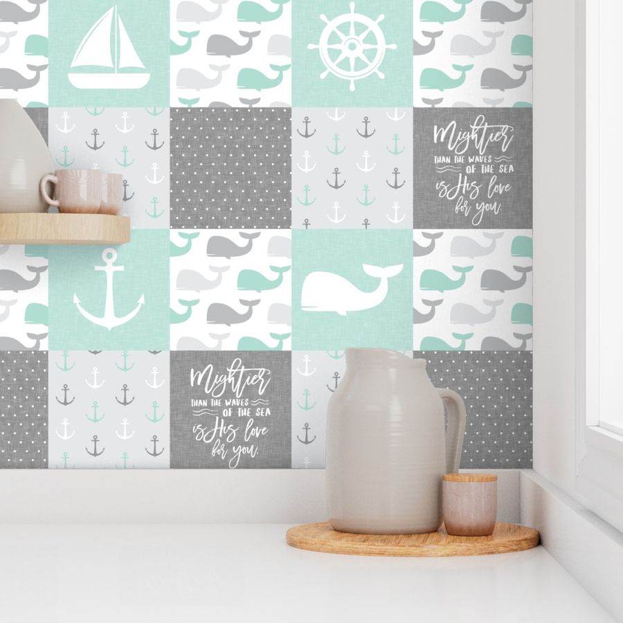 Nautical Patchwork - Mightier than the waves in the sea - Sailboat, Anchor, Wheel, Whale - Aqua and Grey LAD19