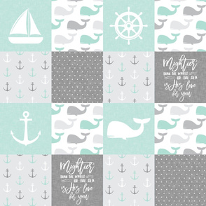 Nautical Patchwork - Mightier than the waves in the sea - Sailboat, Anchor, Wheel, Whale - Aqua and Grey LAD19