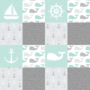 Nautical Patchwork - Sailboat, Anchor, Wheel, Whale - Aqua  and Grey  LAD19