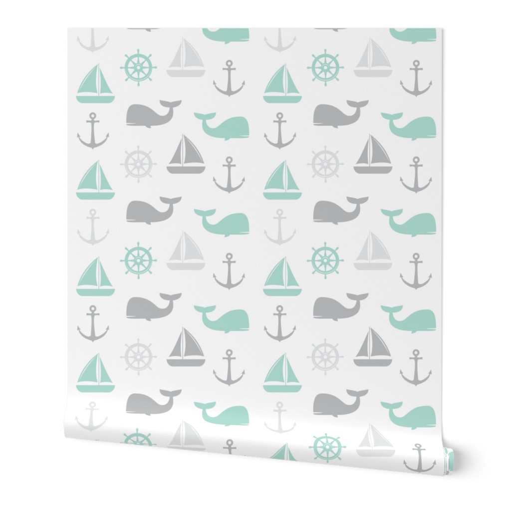 nautical in aqua and grey - whale, sailboat, anchor,  wheel LAD19