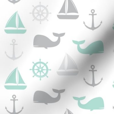 nautical in aqua and grey - whale, sailboat, anchor,  wheel LAD19