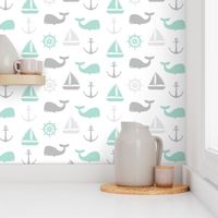 nautical in aqua and grey - whale, sailboat, anchor,  wheel LAD19