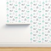 nautical in aqua and grey - whale, sailboat, anchor,  wheel LAD19