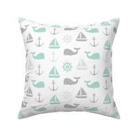 nautical in aqua and grey - whale, sailboat, anchor,  wheel LAD19