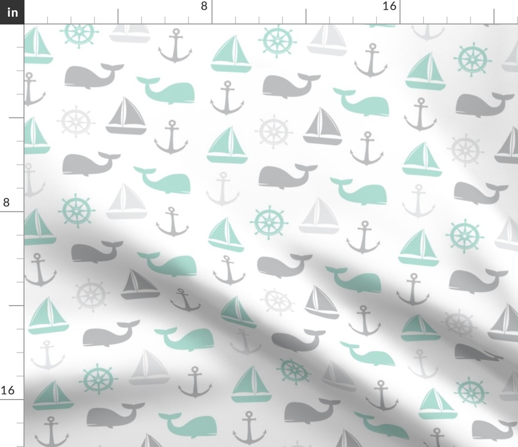 nautical in aqua and grey - whale, sailboat, anchor,  wheel LAD19