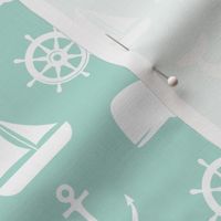 nautical on aqua - whale, sailboat, anchor,  wheel LAD19