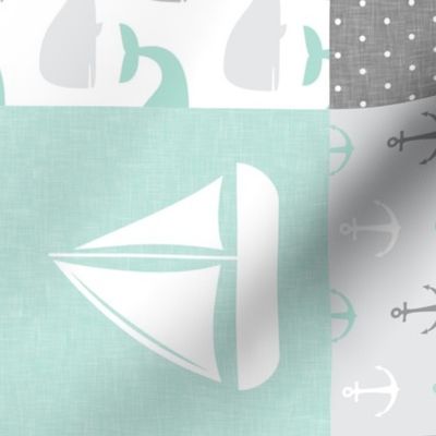 Nautical Patchwork - Mightier than the waves in the sea - Sailboat, Anchor, Wheel, Whale - Aqua and Grey (90)  LAD19