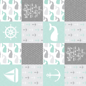 Nautical Patchwork - Mightier than the waves in the sea - Sailboat, Anchor, Wheel, Whale - Aqua and Grey (90)  LAD19