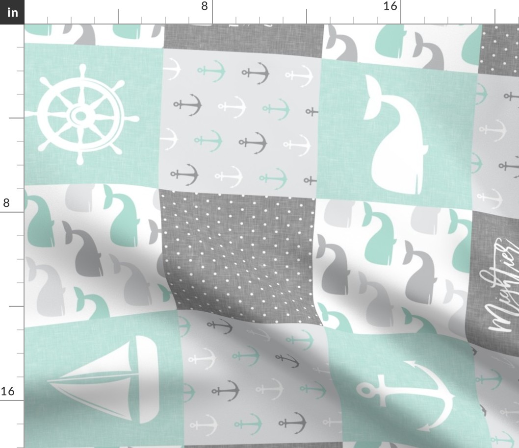 Nautical Patchwork - Mightier than the waves in the sea - Sailboat, Anchor, Wheel, Whale - Aqua and Grey (90)  LAD19