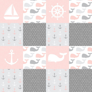 Nautical Patchwork - Sailboat, Anchor, Wheel, Whale - Pink and Grey  LAD19