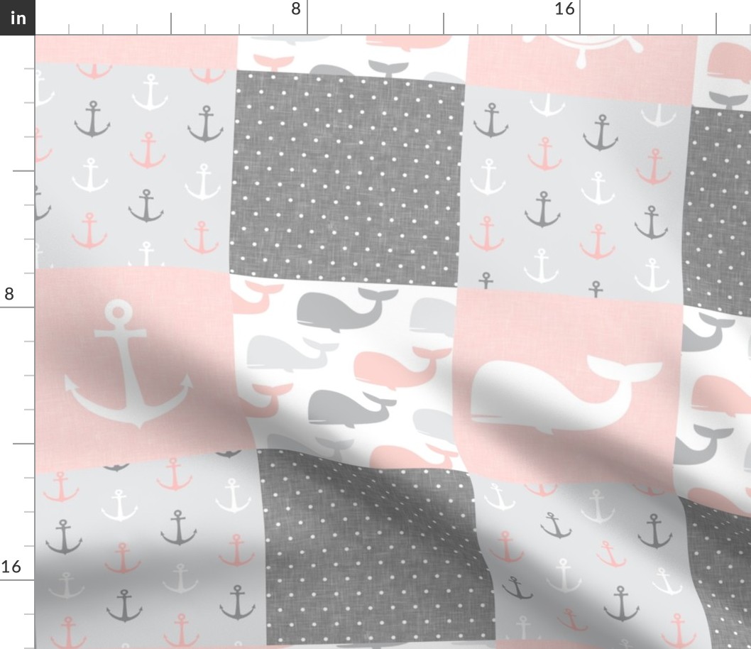 Nautical Patchwork - Sailboat, Anchor, Wheel, Whale - Pink and Grey  LAD19