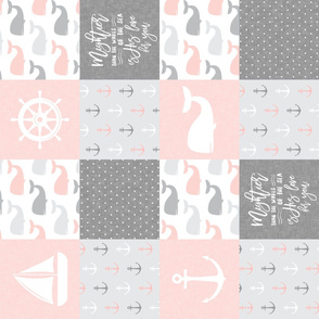Nautical Patchwork - Mightier than the waves in the sea - Sailboat, Anchor, Wheel, Whale - Pink and Grey (90) LAD19