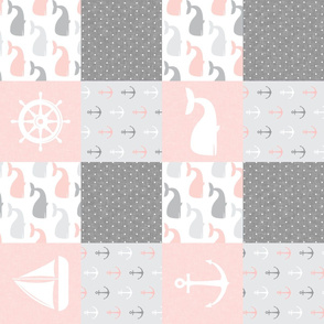 Nautical Patchwork - Sailboat, Anchor, Wheel, Whale - Pink and Grey (90) LAD19