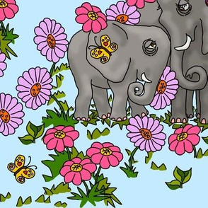 Elephants and Flowers on Sky Blue