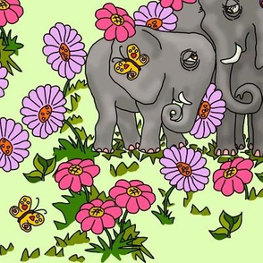 Elephants Flowers on Key Lime Green