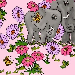 Elephants and flowers on Pastel Pink