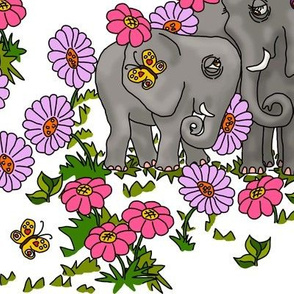 Elephants and Flowers on White