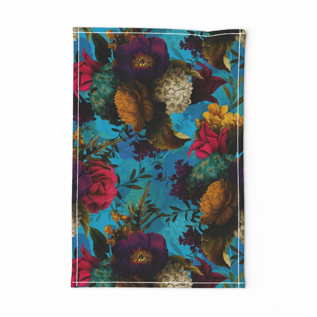Vintage Blue Summer Night Romanticism: Maximalism Moody Florals - Antiqued purple Roses and Nostalgic Yellow Wildflowers- Gothic Mystic Night-  Antique Botany Wallpaper and Victorian Goth Mystic inspired 