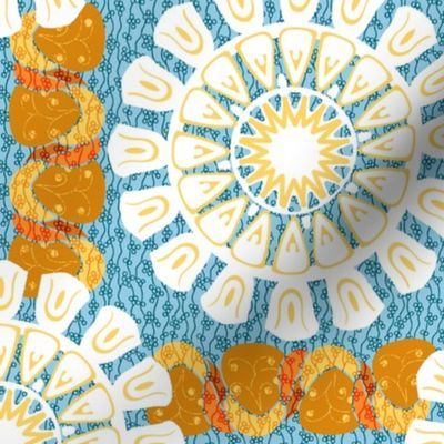 Bohemian Rosettes and Borders in Golds Blue and White