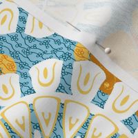 Bohemian Rosettes and Borders in Golds Blue and White