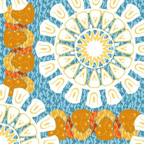 Bohemian Rosettes and Borders in Golds Blue and White