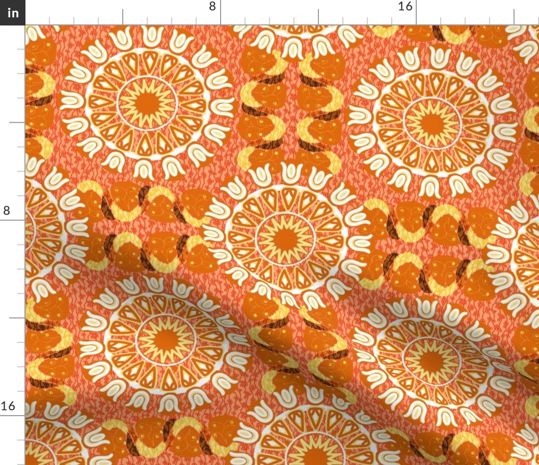 Bohemian Rosettes and Borders in Corals Yellow and White