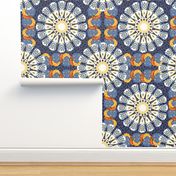 Bohemian Rosettes and Borders in Blue Oranges and White TWO