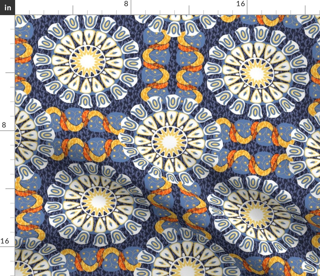 Bohemian Rosettes and Borders in Blue Oranges and White TWO