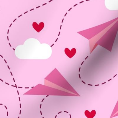 Pink paper planes red hearts white clouds