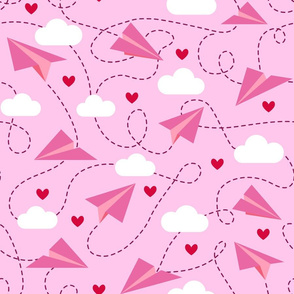 Pink paper planes red hearts white clouds